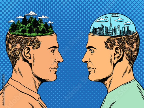 Two men facing each other with contrasting landscapes inside their heads