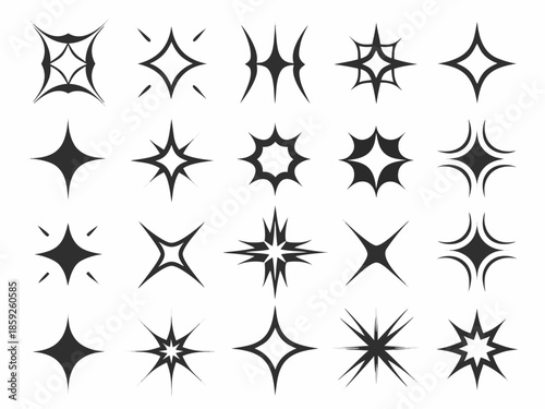 Collection of various black sparkle and star shaped design elements