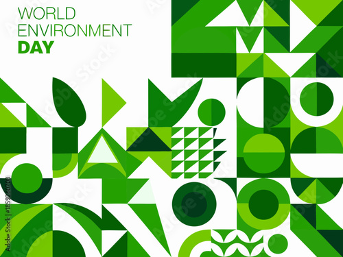 World environment day abstract geometric design with green shapes and leaves