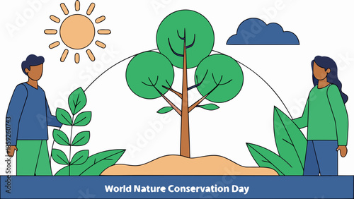 People planting a tree under a sunny sky for nature conservation