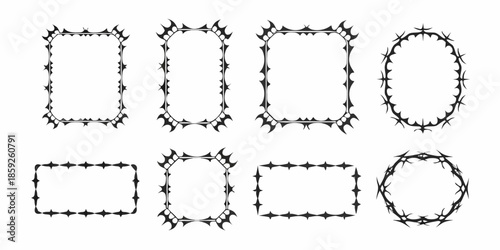Black and white illustration of various barbed wire frame shapes