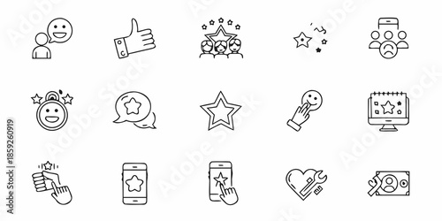 Collection of various line art icons representing social media and success