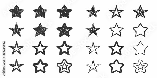 Collection of hand drawn black stars in varying styles and arrangements