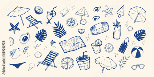 A charming summer illustration featuring beach essentials and tropical fruit doodles