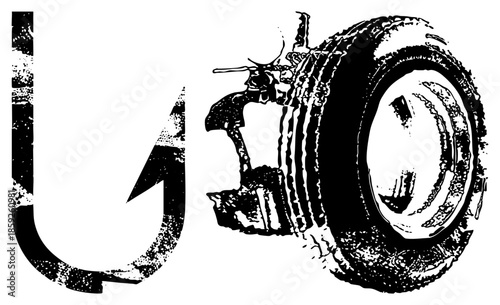 fishing hook and tractor tire graphic