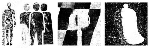 Abstract human figures and bell in halftone style