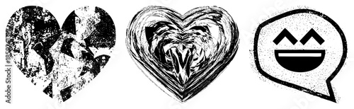 Three abstract heart and speech bubble in black and white