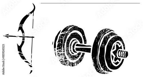 bow and arrow alongside barbell