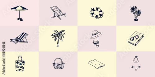 A grid of hand drawn summer icons beach umbrella chair palm tree and more