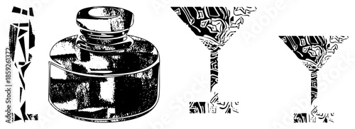 ink bottle and cocktail glasses stylized