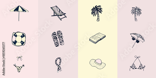 A collection of beach themed illustrations parasol chair palm trees and accessories