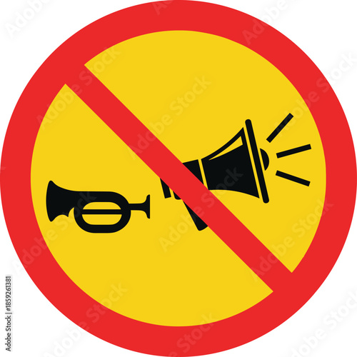 Vector illustration of no honking and no noise prohibition sign, yellow circular traffic symbol for silence zone, isolated.
