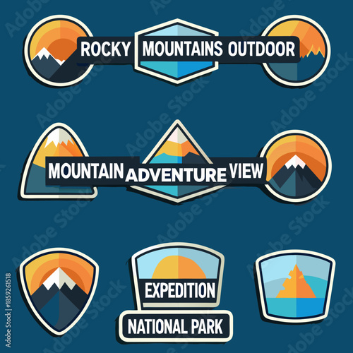 Collection of colorful badge designs featuring mountain and outdoor themes