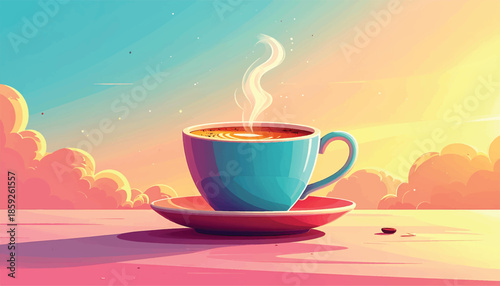 Aromatic Coffee Cup on a Saucer with Rising Steam.