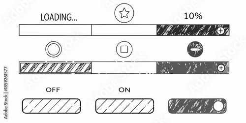 Interface elements showing loading progress controls and on off states
