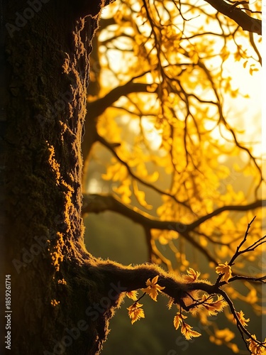 Golden boughs ablaze, their ancient bark a tapestry of moss and shadow, captured in muted light,  light,  organic