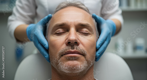 Close-up of a relaxed adult man with his eyes closed receiving a professional facial treatment at an aesthetic clinic while a specialist medical in a clinical setting. Selective focus on eyes.