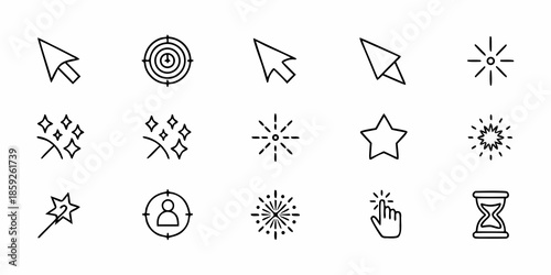 Collection of various black line icons representing targets cursors and symbols