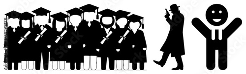 Graduates group silhouette with detective and happy figure