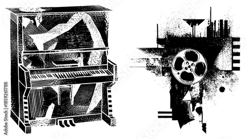 piano and film reel illustration