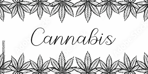 Elegant cannabis leaf pattern with decorative text on a white background