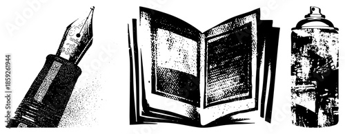 fountain pen open book spray can