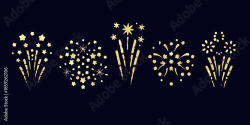 Golden firework bursts and sparkles arranged across a dark background