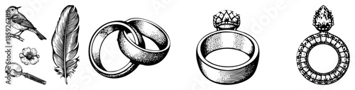 wedding rings and symbolic objects in vintage engraved style
