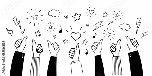 Hands giving thumbs up with doodles of weather music and heart shapes