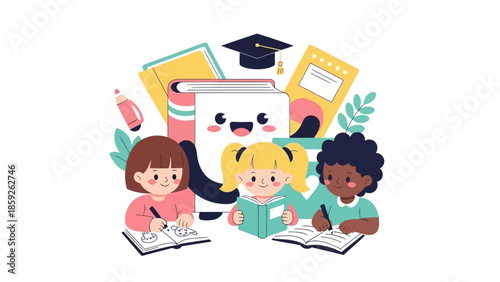 An illustration depicts a large white mosque with domes and palm trees outside.