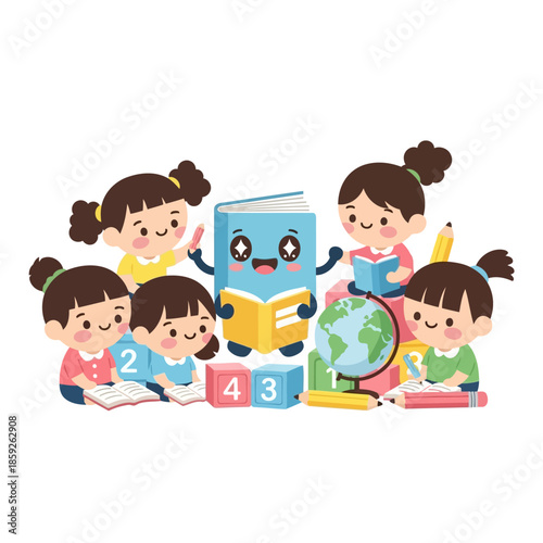 Children gather around a smiling book character with books and learning tools
