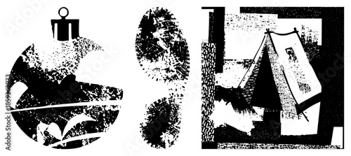 Three abstract ornament, footprint, tent