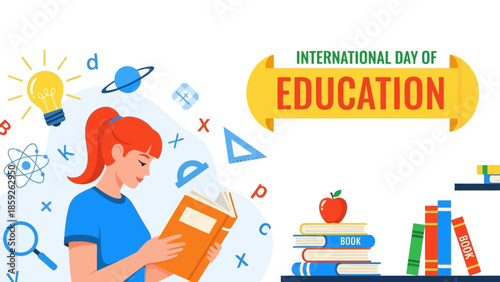 A girl with Books and Education Elements Illustration