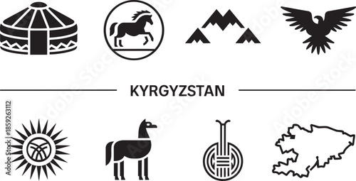 Kyrgyzstan solid icons set, central asia travel symbols collection in silhouette style design