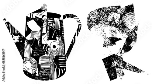 Abstract geometric teapot and face illustration in black and white