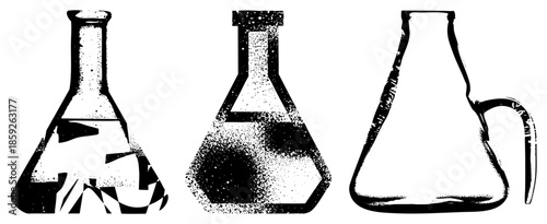 Three laboratory flasks with halftone texture