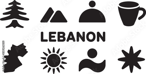 Lebanon travel black icons set flat design symbols collection for middle eastern tourism concept