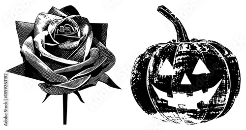 rose and jack o lantern black and white halftone