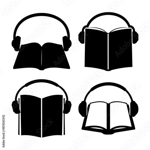 Audiobook icons: open books with headphones, e-education.