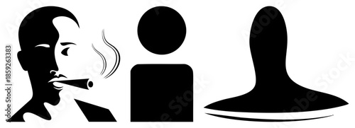 Three stylized human silhouettes one smoking cigar