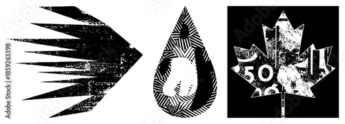Three black and white vector arrow, water drop, maple leaf