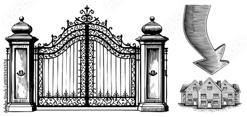 ornate iron gate with decorative pillars leading to row of houses