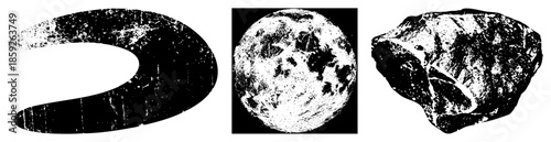 Three abstract shapes in black and white vector style