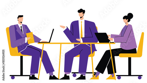Flat illustration of three business professionals in purple and yellow discussing and working on laptops at a table