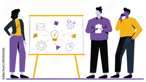 Flat illustration vector of business people brainstorming ideas with whiteboard and colorful icons, teamwork and collaboration concept