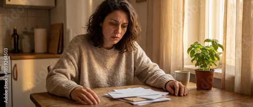 Woman looking at unpaid bills with worried expression while sitting at kitchen table