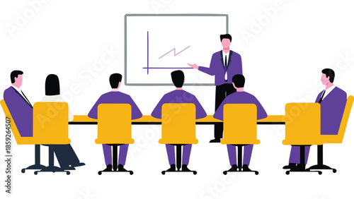 Flat vector illustration of business people in a meeting with a presentation on a whiteboard in a corporate boardroom setting with a graph