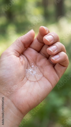 Mosquito repellant lotion on hand with natural background, promoting outdoor protection