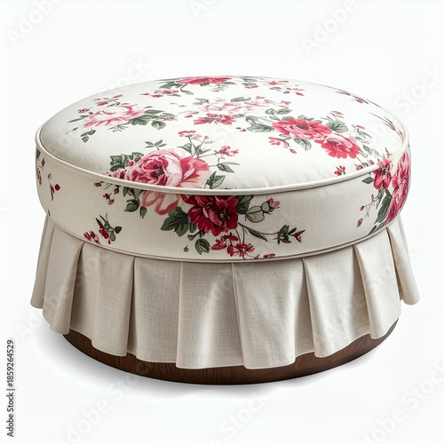 Elegant floral upholstered ottoman showcasing a classic design, presented on white background