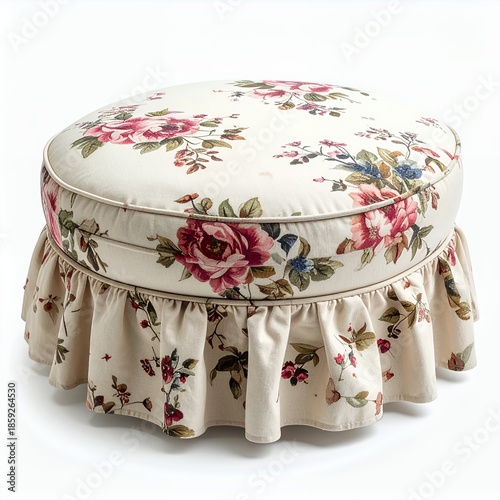 Floral upholstered ottoman with ruffled trim on a clean white background evoking a vintage aesthetic